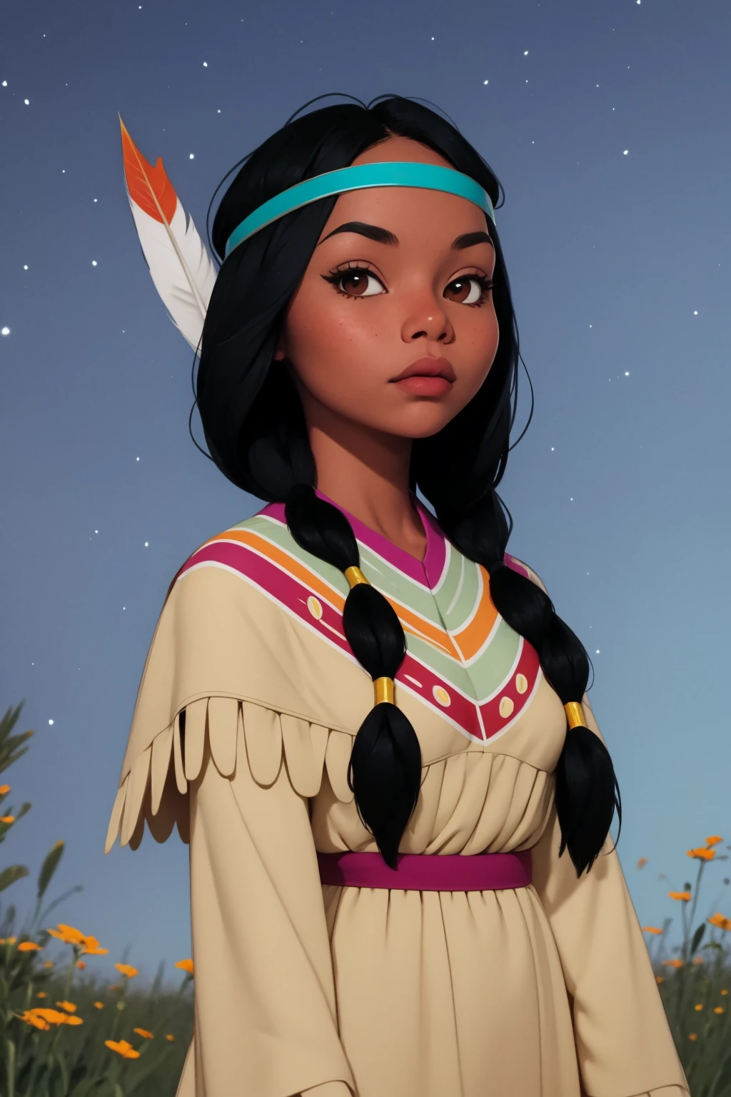 masterpiece, best quality, 1girl, tlily, black hair, twintails, feather hair ornament, headband, dark skin, dress, native american, upper body, sketch, looking at viewer, night, meadow background <lora:TigerLily:1>