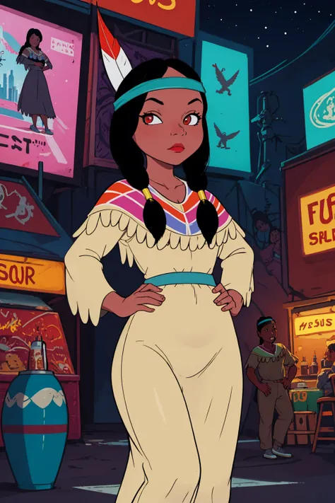 masterpiece, best quality, 1girl, tlily, black hair, twintails, feather hair ornament, headband, dark skin, dress, native american, hand on hips, looking at viewer, standing, contrapposto, cyberpunk city background, night, neon light <lora:TigerLily:1>