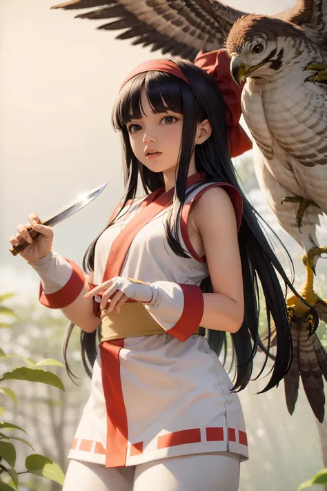 masterpiece, best quality,1girl,ainu clothes,holding,holding knife,bird,simple background, (kbxll:0.6)