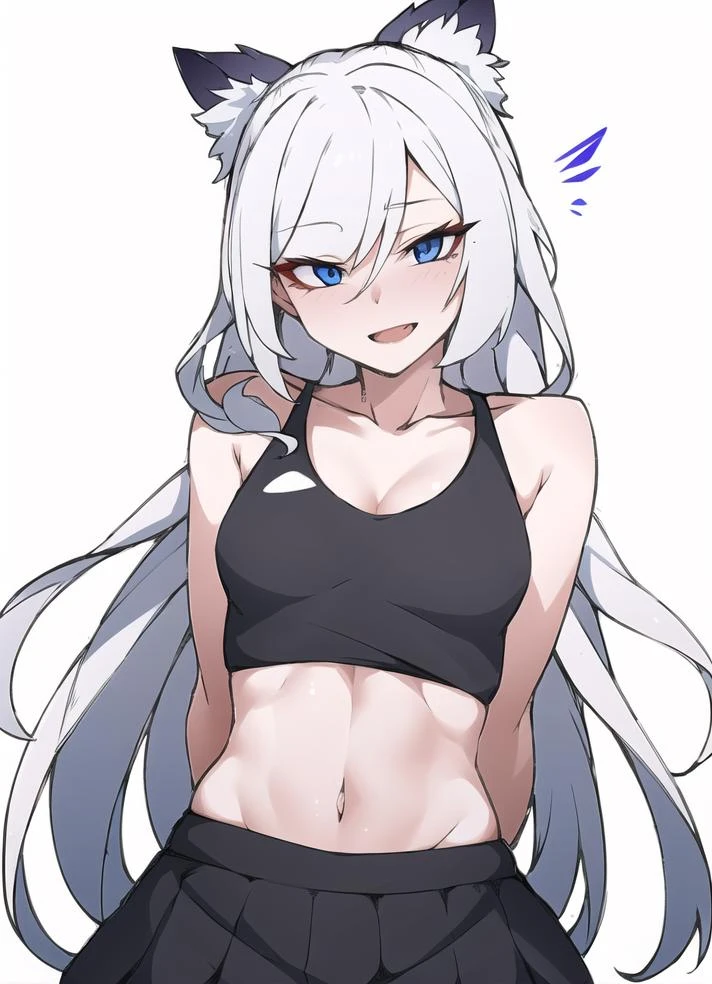 girl, white hair, feathered hair, long hair, gradient eyes, blue eyes, midriff, perfect skin, perfect lighting, simple white background, seductive smile, open mouth, blush, arms behind back, loose fitting crop top, sleeveless, white pleated skirt, extremely detailed eyes, crystalline eyes, collarbone, head tilt, skinny, slim, long eyelashes,
<lora:ldz1:0.9>