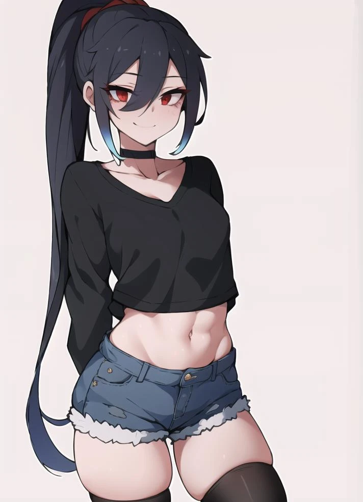 girl, choker, high ponytail, red eyes, black hair, long hair, gradient eyes, midriff, perfect skin, perfect lighting, simple white background, seductive smile, blush, loose shirt, v neck, t shirt, long sleeves, cropped whirt, jean shorts, extremely detailed eyes, crystalline eyes, collarbone, head tilt, skinny, slim, long eyelashes, thighs, skindentation, solo, standing, arms behind back, thighhighs,
<lora:ldz1:0.9>
