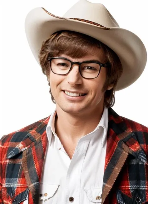 ap1 , headshot, man, solo, man wearing "Cowboy hat, plaid shirt, fringed jacket, leather chaps, cowboy boots" hornrimmed glasses, full body, full body shot, white background, no background, PNG, natural lighting, no shadows, ultra detailed, hyperrealistic, 80mm, 4k, 8k, 8k realistic, sharp focus, intricate, high resolution <lora:AustinPowers:.75>