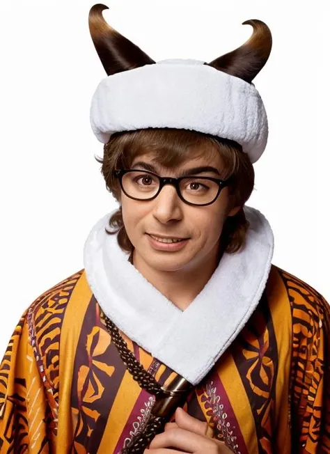 ap1 , headshot, man, solo, man wearing Exotic Robes with Tribal Patterns, Whip, Animal Mask hornrimmed glasses, full body, full body shot, white background, no background, PNG, natural lighting, no shadows, ultra detailed, hyperrealistic, 80mm, 4k, 8k, 8k realistic, sharp focus, intricate, high resolution <lora:AustinPowers:.85>