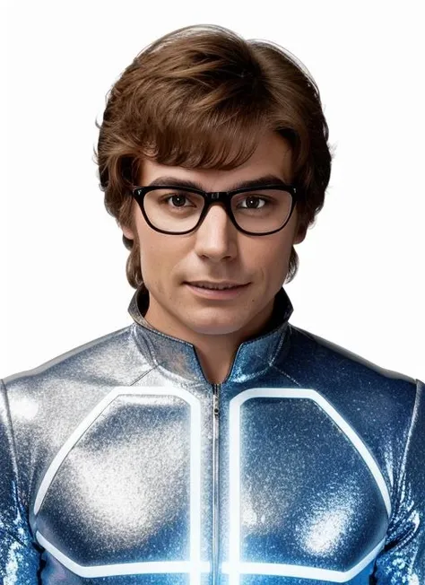 ap1 , headshot, man, solo, man wearing "Futuristic tunic with metallic accents, glowing energy belt, light-up visor, holographic gloves, sleek metallic sandals" hornrimmed glasses, full body, full body shot, white background, no background, PNG, natural lighting, no shadows, ultra detailed, hyperrealistic, 80mm, 4k, 8k, 8k realistic, sharp focus, intricate, high resolution <lora:AustinPowers:.85>
