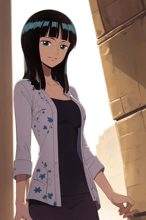(masterpiece),best quality,Amazing,finely detail.Depth of field,beautiful detailed eyes, <lora:robin-000005:0.6>,nico robin, 1girl,cowboy shot,mature female,happy,light smile,