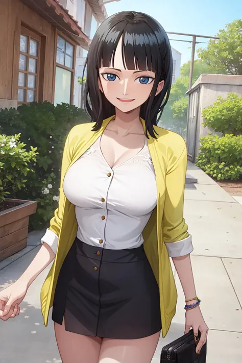 (masterpiece),best quality,Amazing,finely detail.Depth of field,beautiful detailed eyes, <lora:robin-000005:0.8:OUTD>,nico robin, 1girl,cowboy shot,mature female,happy,smile,jacket ,large breasts, solo,medium hair, 8k, ultra-detailed, absurdress IVE oil pastel
