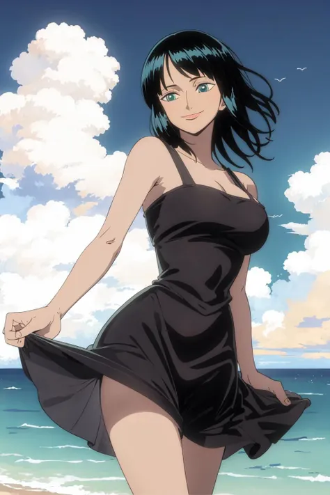 <lora:robin5-000048:0.75>,nico_robinnn,1girl,cowboy shot,smile,large breasts,ocean,dress,princess,goddess,
