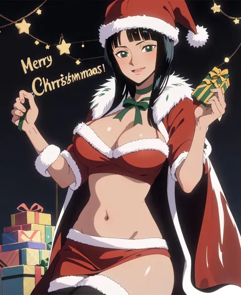 (masterpiece),best quality,Amazing,finely detail.Depth of field,nico_robinnn,1girl,large breasts,santa costume,santa hat,santa bikini,santa dress,blush,smile,mature female,navel,merry christmas,snow,holding gift,