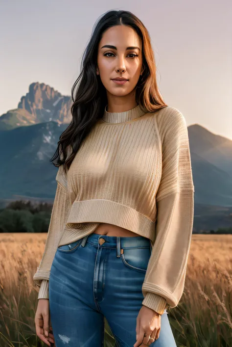 photo of (Sh3il4Naz01:0.99), a woman as a sexy TikTok influencer, (standing in a field),(wearing low waist jeans), ((oversized sweater:1.2)) , modelshoot style, (extremely detailed CG unity 8k wallpaper), large breasts, photo of the most beautiful artwork in the world, professional majestic (photography by Steve McCurry), 8k uhd, dslr, soft lighting, high quality, film grain, Fujifilm XT3 sharp focus, f 5.6, High Detail, Sharp focus, dramatic, ((mountains in the background)), (golden hour:1.2),( sunset:1.2), (looking off to the side:1.2), (detailed pupils:1.3), (natural light), (closeup:1.2), (seductive), <lora:add_detail:0.4>, <lora:LowRA:0.5>