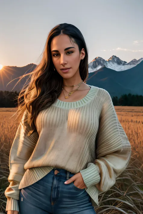 photo of (Sh3il4Naz01:0.99), a woman as a sexy TikTok influencer, (standing in a field),(wearing low waist jeans), ((oversized sweater:1.2)) , modelshoot style, (extremely detailed CG unity 8k wallpaper), large breasts, photo of the most beautiful artwork in the world, professional majestic (photography by Steve McCurry), 8k uhd, dslr, soft lighting, high quality, film grain, Fujifilm XT3 sharp focus, f 5.6, High Detail, Sharp focus, dramatic, ((mountains in the background)), (golden hour:1.2),( sunset:1.2), (looking off to the side:1.2), (detailed pupils:1.3), (natural light), (closeup:1.2), (seductive), <lora:add_detail:0.4>, <lora:LowRA:0.5>