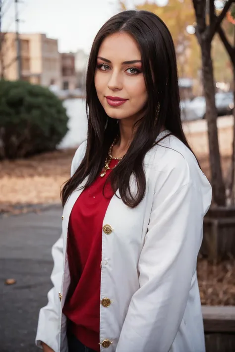 portrait photo of JoyKissQuiron, a woman, perfect lighting, looking at viewer, designer coat, outdoors <lora:quiron_JoyKiss_v1_Lora:0.9>
