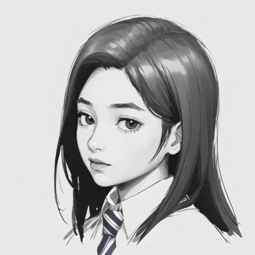 1girl, tulipkarasu, beautiful, teenager, bust, long hair, looking at viewer, school uniform, collared shirt, white shirt, necktie, striped necktie, white background, (portrait:1.4), (sketch, rough sketch, Line art, extra lines, white paper, rough lines, black and white:1.3), <lora:TulipKarasu_v2:0.7>