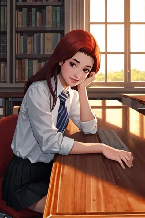 (best quality, ultra detailed), (detailed background:1.2), (perfect face, detailed face), looking at viewer, (light rays, shadow, mature female:1.4), smile, TulipKarasu, 1girl, red hair, long hair, solo, brown eyes, black skirt, pleated skirt, black pantyhose, narrow waist, collared shirt, white shirt, collared shirt, jewelry, necklace, blue necktie, striped necktie, sleeves rolled up, thighs, sitting, dark, (window, indoors, library, desk), (head rest, resting on elbow, studying, leaning on desk:1.3) medium breasts, <lora:TulipKarasu_v2:0.77>, <lora:a_beam_of_light_v1.04:0.6>