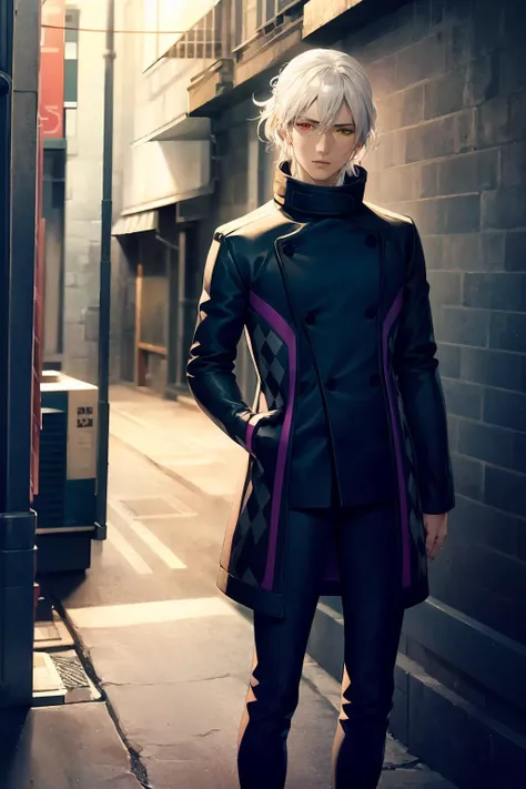 (extremely detailed CG unity 8k wallpaper), (best quality), (ultra-detailed), (best illustration), 1boy, male focus, white hair, heterochromia, jacket, coat, dark alley background <lora:dateai:0.7>, dateai, waist up, looking at viewer