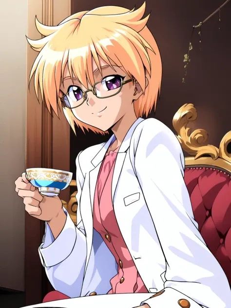 <lora:Ijuin_Mei:1>IjuinMei, 1girl, glasses, solo, blonde hair, labcoat, short hair, cup, teacup, chair, smile,
masterpiece, high quality, very_high_resolution, large_filesize, full color,