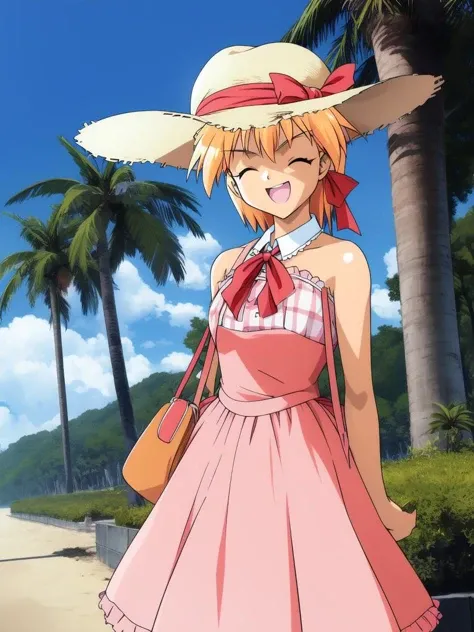 <lora:Ijuin_Mei:1>IjuinMei, 1girl, solo, hat, blonde hair, closed eyes, dress, short hair, bag, ribbon, handbag, arms behind back, open mouth, hat ribbon, beach,
masterpiece, high quality, very_high_resolution, large_filesize, full color,