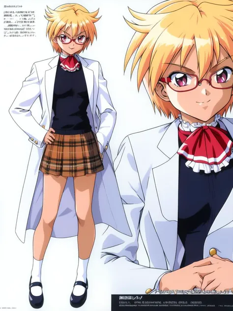 <lora:Ijuin_Mei:1> IjuinMei, 1girl, solo, mary janes, shoes, skirt, labcoat, blonde hair, glasses, short hair, 1990s (style), full body, retro artstyle, smile, long sleeves, socks, hand on hip, standing, black footwear, shirt, white socks, coat, looking at viewer, bangs, ascot, round eyewear, open clothes, open coat, red eyes, rimless eyewear, science_room.
masterpiece, high quality, very_high_resolution, large_filesize, full color,