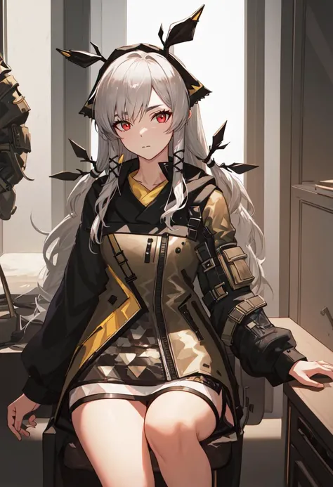 (safe:1.10), best quality, masterpiece, highres, solo, (weedy_arknights:1.10), sitting, sitting on chair, chair, cowboy shot, looking at viewer, 27 <lora:weedy_arknights:0.80>