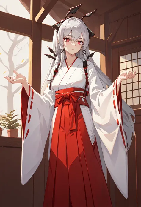 best quality, masterpiece, highres, solo, (weedy_arknights:1.10), (white kimono:1.35), (red hakama:1.35), (wide sleeves:1.20), 20 <lora:weedy_arknights:0.80>