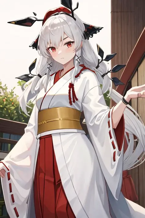 best quality, masterpiece, highres, solo, {white kimono:1.35}, {red hakama:1.35}, {wide sleeves:1.20}, {weedy_arknights:1.15}, long_hair, bangs, red_eyes, grey_hair, upper_body, white_hair, very_long_hair, hair_ornament