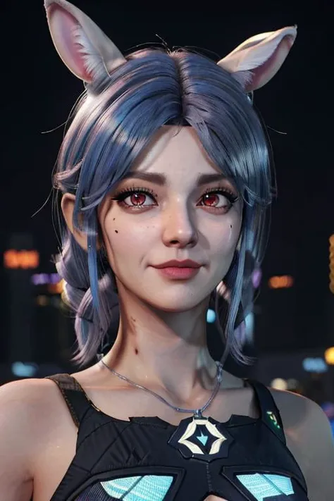 (Pekora Usada Hololive <lora:allVtubersLora_hll31:0.6> ), cyberpunk ht city, realistic,upperbody shot, Pekora Usada <lora:usadaPekora_usadaPekoraV05:0.5> cosplay, blue hair <lora:koreanDollLikeness_v10:0.2> <lora:Unreal Engine Render:0.7> 3d, cgi, unreal engine 5, unreal engine, unreal engine 5 render, RTX ON, ULTRA TEXTURES, SSAO AMBIENT OCCLUSION, realtime rendering, rabbit shaped pupil, detailed face