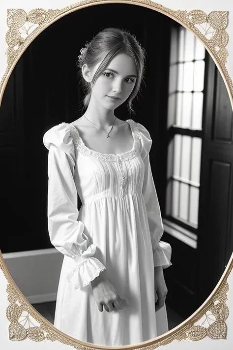 1910's photograph of 18 year old jp-Lydia-325, Chignon, porcelain skin wearing High-necked and long-sleeved htgown in cotton with intricate lace inserts , Edwardian parlor , Voigtländer Bergheil, 135mm f/4.5, 1/20s, ISO 25, Kodak Glass Plates