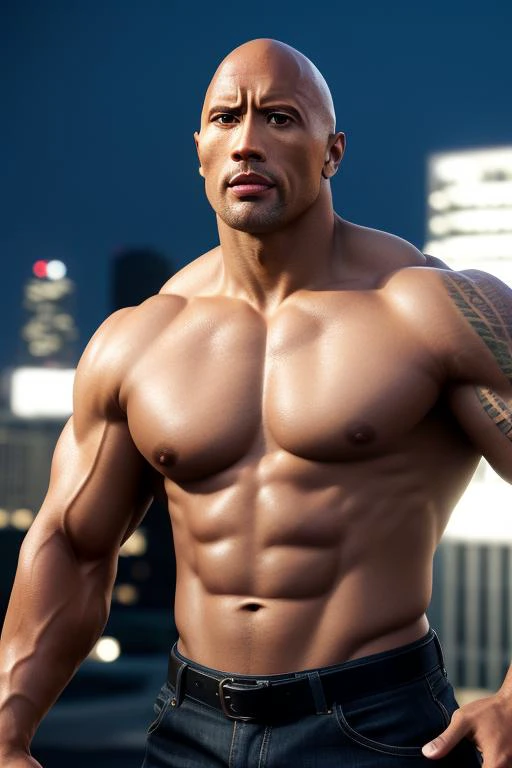 masterpiece, best quality, man, Dwayne johnson photorealistic, upperbody, low lighting, big city, bald