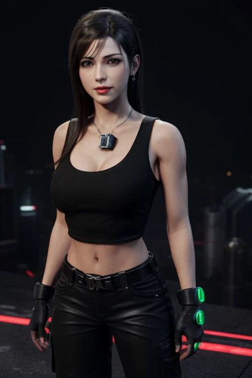 ((tifa)),(tifa lockhart), final fantasy 7, masterpiece,best quality, 1girl, long hair, (cyberpunk outfit), cargo pants, black tanktop, shorts, clevage, large , black hair, third person shooter gameplay, in night n, cowboy shot <lora:Unreal Engine Render:0.6> unreal engine render, ray tracing, unreal engine, 3d render, metahuman, neon lights, detailed background, city lights, videogame render, young face , (cyberware implants), close up, accessories, LOOK AT CAMERA