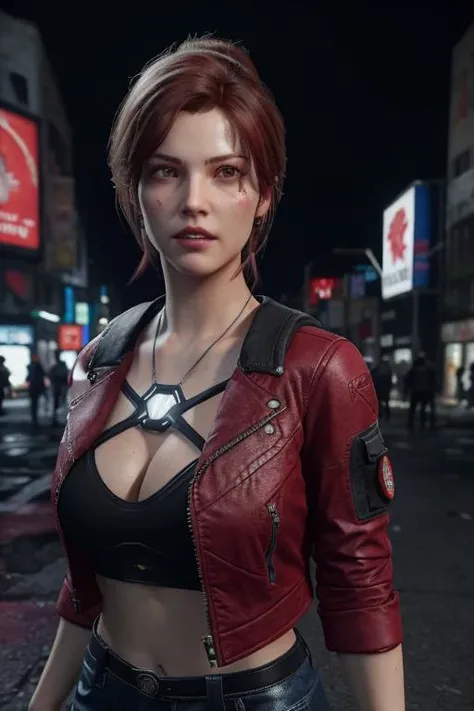 Claire Redfield, Resident evil 2 remake, masterpiece,best quality, 1girl, (cyberpunk outfit), cargo pants, red cropped street jacket, clevage, multicolored hair, third person shooter gameplay, in night town, cowboy shot <lora:Unreal Engine Render:0.6> unreal engine render, ray tracing, unreal engine, 3d render, metahuman, neon lights, detailed background, city lights, videogame render, young face , cyberware implants, close up, accessories, LOOK AT CAMERA <lyco:BetterGuns-V1:1.0>