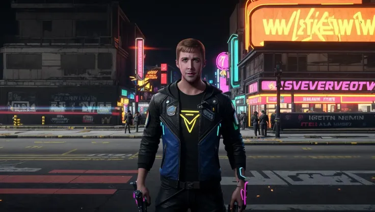 Ryan gosling, masterpiece,best quality, 1man, cyberpunk 2077, street jacket, multicolored blue hair, third person shooter gameplay, in ht town, (upperbody) <lora:Unreal Engine Render:0.6> unreal engine render, ray tracing, unreal engine, 3d render, metahuman, neon lights, detailed background, city lights, SSAO, videogame render, <lora:arcaneStyleLora_offset:0.4> GLOWING NEON LIGHTS EVERYWHERE, <lora:hotarublurbk_v100:-0.9>