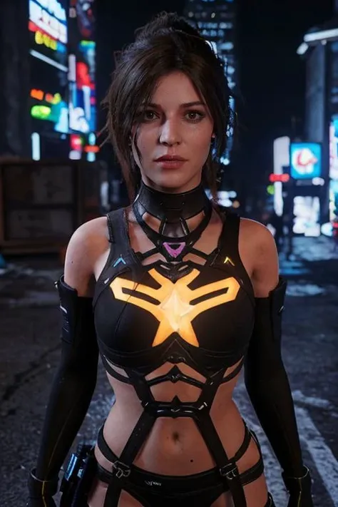 masterpiece,best quality, 1girl, <lora:ROTTR_Lara Croft:0.6> rottr_lracrft, wearing Cyberpunk Style clothes <lora:Cyberpunk_style-05:0.4> , multicolored brownhair, third person shooter gameplay, in ht town, upperbody shot <lora:Unreal Engine Render:0.6> unreal engine render, ray tracing, unreal engine, 3d render, metahuman, neon lights, detailed background, city lights, attractive face, videogame render, upperbody shot
half body, (FUTURISTIC GLOWING OUTFIT)