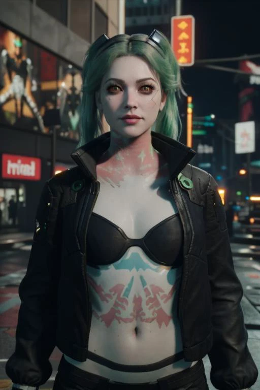 rebeccav1, rebecca, cyberpunk 2077 , masterpiece,best quality, 1girl, (cyberpunk outfit), cargo pants, cropped short jacket, clevage, green twintail hair, third person shooter gameplay, in ht town, upperbody shot <lora:Unreal Engine Render:0.6> unreal engine render, ray tracing, unreal engine, 3d render, metahuman, neon lights, detailed background, city lights, videogame render, young face, cyberware implants, close up, neck chocker, LOOK AT CAMERA <lyco:Rebecca:1.1> depth of field