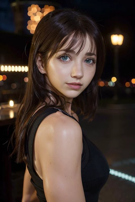 emilyrudd, (tifa final fantasy 7 remake), (tifa outfit:0.9) black hair, in ht city <lora:emilyrudd:1>