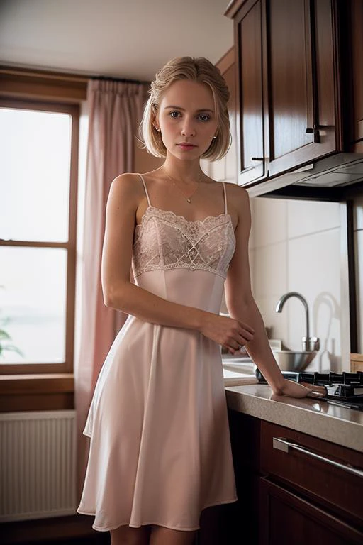 1980's Soviet photograph of 18 year old jp-SvetaF, Layered short hair, muted coral blush wearing Soft polyester slip dress with lace hem , Soviet communal kitchen , Praktica L2, 50mm f/1.8, 1/60s, ISO 100, Orwo Color NC19