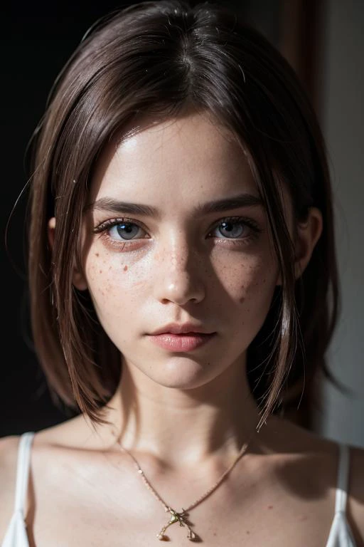 (8k, RAW photo, highest quality), beautiful girl, close up, dress, (detailed eyes:0.8), defiance512, (looking at the camera:1.4), (highest quality), (best shadow), intricate details, interior, ginger hair:1.3, dark studio, muted colors, freckles