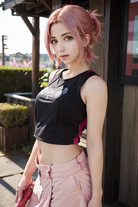 emilyrudd, as Sakura haruno from Naruto, pink hair, (Sakura Haruno red ninja Outfit:0.9), in hidden ninja village konoha <lora:emilyrudd:1>