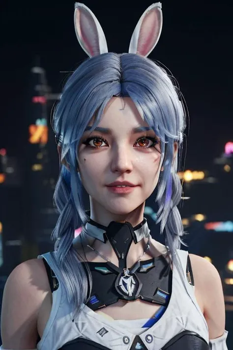 (Pekora Usada Hololive <lora:allVtubersLora_hll31:0.6> ), cyberpunk ht city, realistic,upperbody shot, Pekora Usada <lora:usadaPekora_usadaPekoraV05:0.5> cosplay, blue hair <lora:koreanDollLikeness_v10:0.2> <lora:Unreal Engine Render:0.7> 3d, cgi, unreal engine 5, unreal engine, unreal engine 5 render, RTX ON, ULTRA TEXTURES, SSAO AMBIENT OCCLUSION, realtime rendering, rabbit shaped pupil, detailed face
