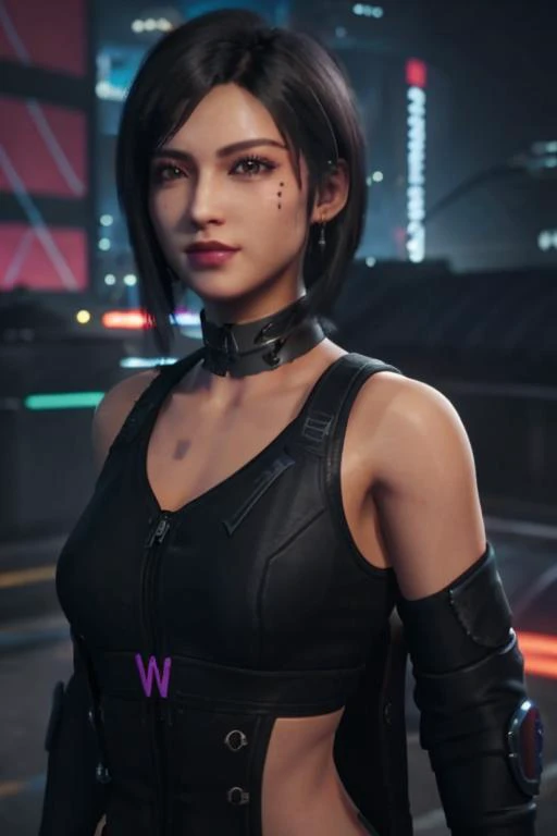 tifa, ff7 remake, cyberpunk 2077 , masterpiece,best quality, 1girl, (wearing jacket, open jacket, black leotard, bare shoulders), black hair, bob hair, third person shooter gameplay, in ht town, upperbody shot <lora:Unreal Engine Render:0.6> unreal engine render, ray tracing, unreal engine, 3d render, metahuman, neon lights, detailed background, city lights, videogame render, young face, cyberware implants, close up, neck chocker, LOOK AT CAMERA depth of field <lora:tifav1-lora-500-v2-bf16:0.5> <lora:Cyberpunk_style:0.6>