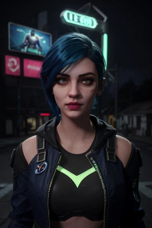 jinx, league of legend, arcane style, masterpiece,best quality, 1girl, cyberpunk, street jacket, multicolored blue hair, third person shooter gameplay, in ht town, upperbody shot <lora:Unreal Engine Render:0.6> unreal engine render, ray tracing, unreal engine, 3d render, metahuman, neon lights, detailed background, city lights, pretty face, videogame render, <lora:arcaneStyleLora_offset:0.4>