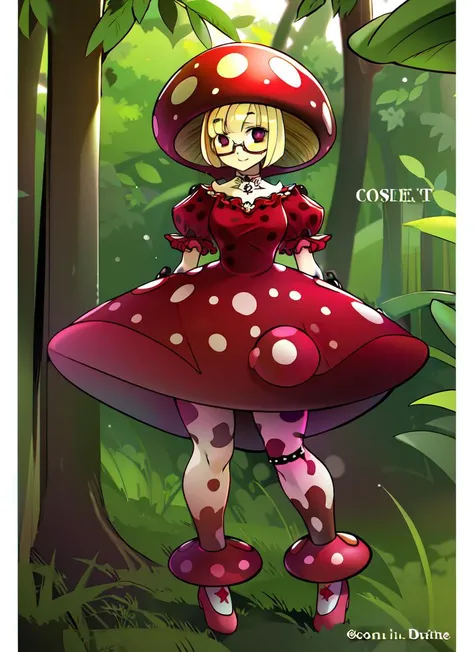 ((best quality)), ((highly detailed)), masterpiece, absurdres, extremely detailed face, beautiful face, (detailed eyes, deep eyes), (1girl), (glasses), full body, ((<lora:gothicPunkGirl_v10:.95>, Goth_punk)), <lora:Mushroom_Girl:.7>, <lora:Mushroom:.6>, mushroom, mushroom girl, monster girl, short hair, blonde hair, mushroom on head, red mushroom, colored skin, (spots pattern bodypaint:1.33), medium breasts, smiling, polka dot dress, puffy sleeves, collarbone, (outside, in a mangrove_forest, dusk), <lora:COSiNE Style (2004):.9>, COSiNEStyle2004