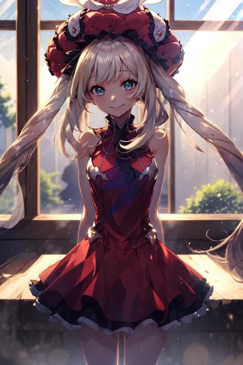 masterpiece,best quality,1girl,Marie_Antoinette,long hair,blue eyes,twintails,giant red hat,skirt,hat,sleeveless,arms behind back,smile,indoors,sunlight,<lora:marie:0.7>,