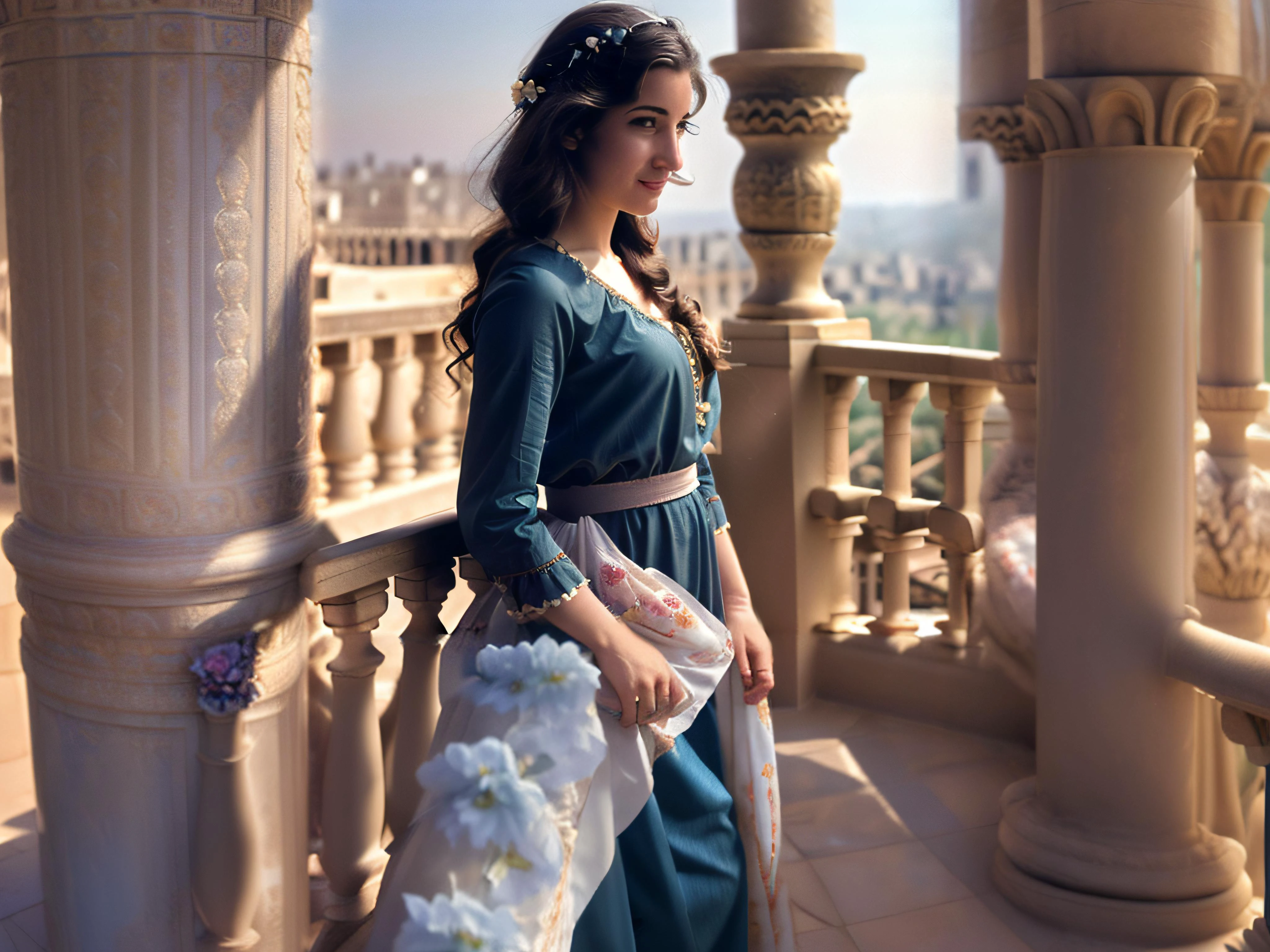 Syrian princess, on balcony, art, palace, middle east, mystic, beautiful ,landscape , <lora:绪å¿-æ¢¦å¹»åºæ¯ dream like:1>, flowers , full details, face, flowers on columns , <lora:chromatic_aberration_v11:0.8>