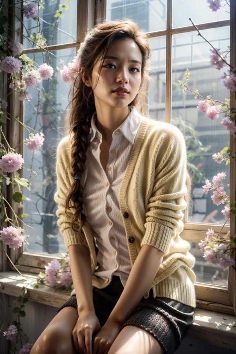 (realistic:1.3), finely detailed, quality, rembrandt lighting, (masterpiece:1.2), (photorealistic:1.2), (best quality), (detailed skin:1.3), (intricate details), dramatic, ray tracing, 1girl, japanese girl, 21 years old, detailed skin texture, (blush:0.5), (goosebumps:0.5), subsurface scattering, smiling, medium breasts, braided hair, bangs, hair between eyes, (collared shirt, knitted cardigan, open cardigan, pencil skirt:1.1), windowsill, vine, window, flowers, (cute pose:1.1), (bright sunny day), <lora:windowsillè±çªè¥_v1.0:0.6>