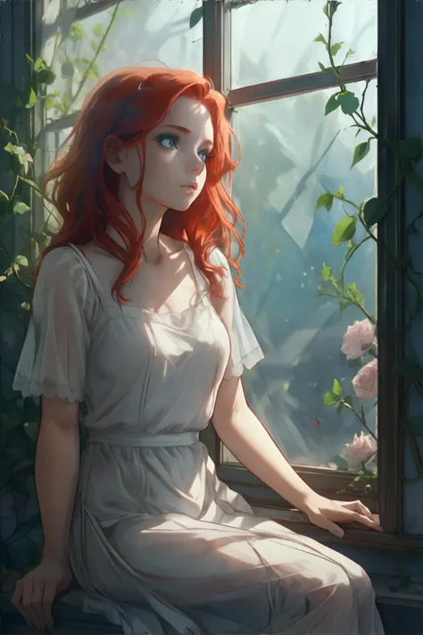 <lora:windowsill-tidemix:0.6>, woman sitting at windowsill, looking out the window, redhead, white dress, vine, pink roses, <clip:skip:2>, masterpiece, 8k, high resolution, shallow depth of field, sharp focus