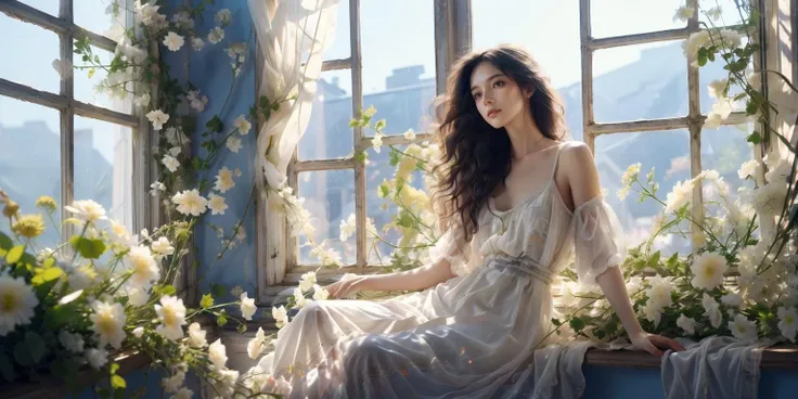 (masterpiece),(best quality),highres,incredibly absurdres,absurdres,very_high resolution,original,intricate details,hyper detail,ultra-detailed,exquisite detailed,extremely delicate,illustration,chromatic aberration,film grain,cinematic,bokeh,caustics,emphasis lines,extremely detailed CG,unity 8k wallpaper,butterfly,
(1girl),shiny hair,glossy hair,sharp_eyelid,eyeliner,eyelashes,eyeshadow,mature female,milf,tall female,realistic,amateur,perfect detailed face,lips,(lipgloss),feminine proportions,skinny,toned,slim,wide hips,curvy,shiny skin,glossy skin,(long legs),cropped legs,cowboy shot,knee,(detailed beautiful scene),scenery,landscape,bloom,picturesque,UHD wallpaper,HDR,global illumination,volumetric light,wavy hair,forehead,parted bangs,black hair,hair behind ear,long hair,(clitoris),collarbone,bare legs,<lora:windowsillè±çªè¥_v1.0:0.75>,(Window sill),(flowers),(Vine),grace,(gauze),curtains,nature,plant,sunlight,window,, masterpiece, best quality,