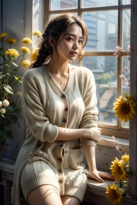 (realistic:1.3), finely detailed, quality, rembrandt lighting, (masterpiece:1.2), (photorealistic:1.2), (best quality), (detailed skin:1.3), (intricate details), dramatic, ray tracing, 1girl, japanese girl, 21 years old, detailed skin texture, (blush:0.5), (goosebumps:0.5), subsurface scattering, smiling, medium breasts, long hair, bangs, hair between eyes, (one-shoulder off, sweater dress:1.2), windowsill, (vine:1.1), window, curtains, (blue and pink hydrangeas:1.1), sitting, (bright sunny day),  <lora:windowsillè±çªè¥_v1.0:0.6>