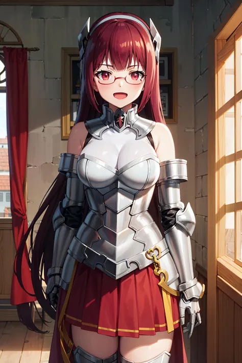 best quality, (masterpiece:1.2), detailed, anime coloring,
<lora:chara_IsekaiMaou_Alicia_v1:0.7>, alicia isekaimaou,
blush, light smile, open mouth,
red hair, long hair, red eyes, hairband, glasses,
bare shoulders, armor, gauntlets, pleated skirt,
standing, looking at the viewer,
indoors, castle