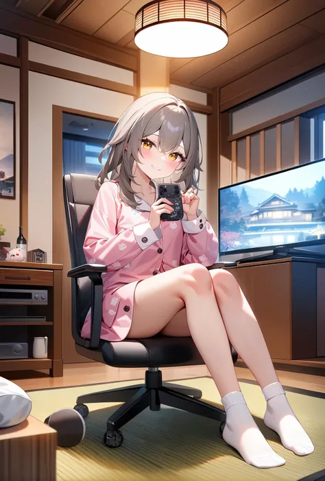 (masterpiece), (best quality), illustration, ultra detailed, hdr, Depth of field, (colorful),artist:haneru,artist:nachoneko,artist:chen bin,
1girl,stelle \(honkai: star rail\),smile,
sitting,sitting on chair,looking at viewer,pajamas, socks,television,
indoors,tatami,hotel room,ceiling light, wooden ceiling,