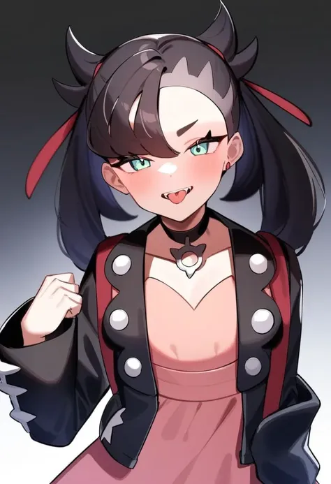 masterpiece,best quality,very aesthetic,absurdres,<lora:marnie_(pokemon):1>,highres, collarbone, black_choker, absurdres, smile, tongue, eyelashes, 1girl, solo, nail_polish, clenched_hand, teeth, black_nails, red_ribbon, upper_body, marnie_\(pokemon\), white_background, hand_up, black_jacket, hair_ribbon, open_jacket, commentary_request, looking_at_viewer, bad_twitter_id, bad_id, open_mouth, long_sleeves, pink_dress