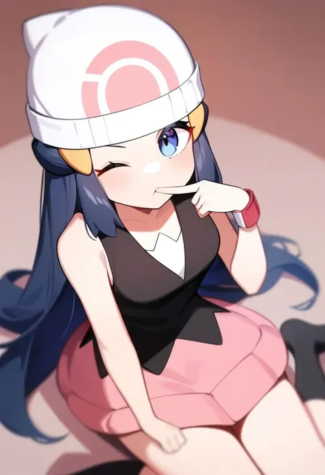 masterpiece,best quality,very aesthetic,absurdres,<lora:dawn_(pokemon)_v3:1>,beanie, sleeveless, sidelocks, white_hat, commentary, the_pose, one_eye_closed, simple_background, 1girl, solo, black_shirt, index_finger_raised, black_socks, unworn_headwear, finger_to_mouth, unworn_hat, looking_at_viewer, dawn_\(pokemon\), pink_skirt